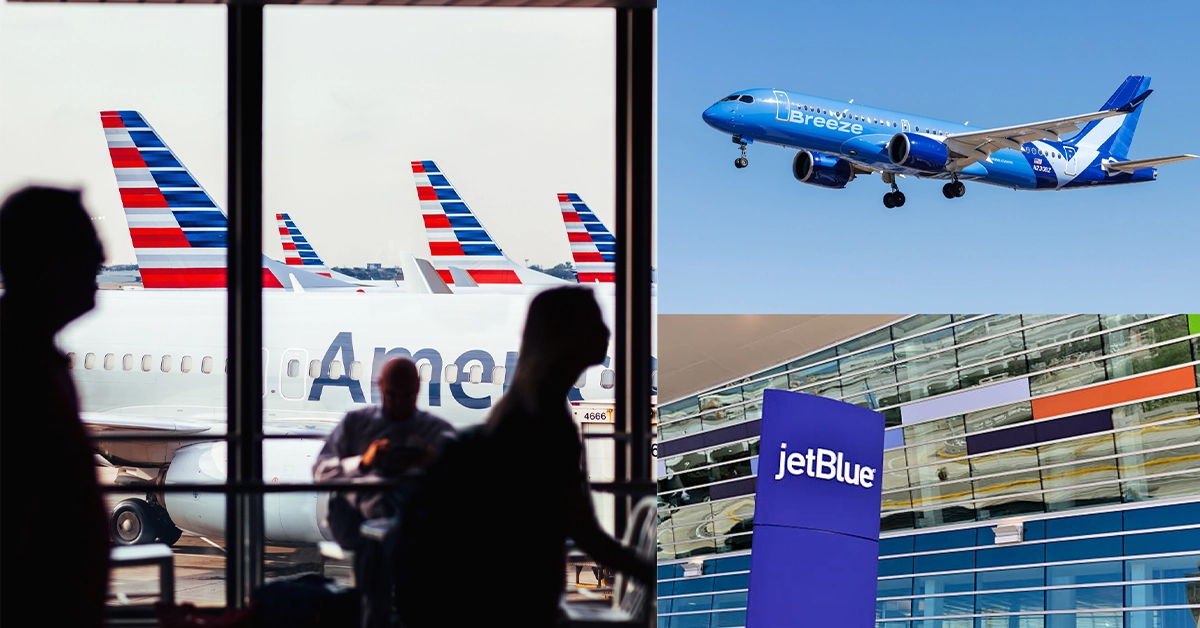 Airport travel collage showing American Airlines aircraft, Breeze Airways plane and JetBlue airport signage