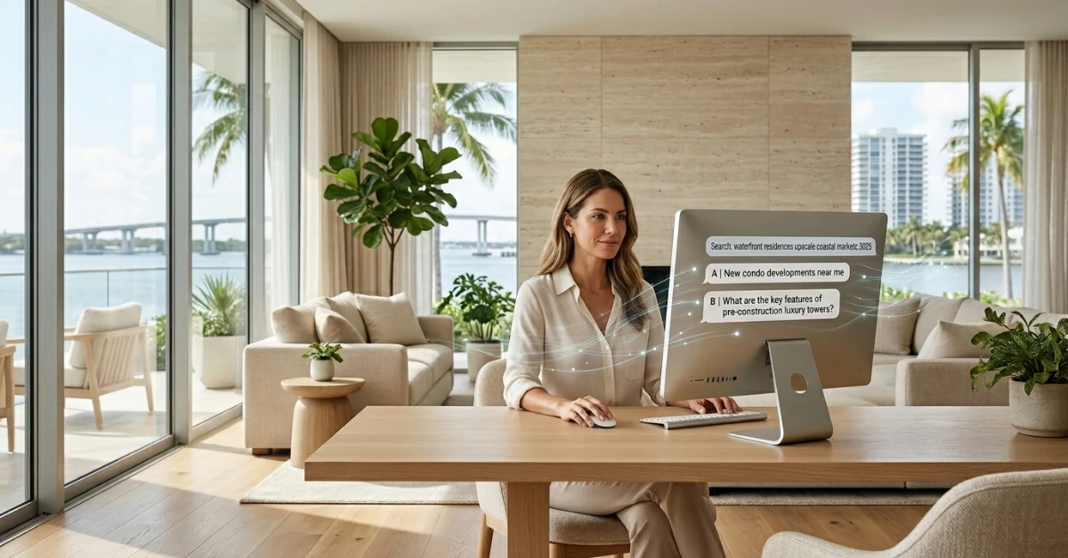 Woman at a desktop computer in a waterfront living room with AI-style search prompts on screen.
